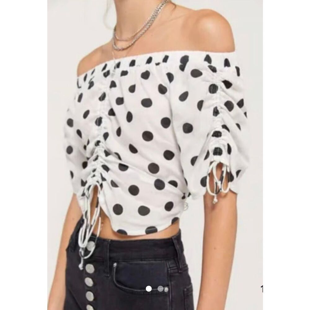 Urban Outfitters White Off-Shoulder Black Polka Dot Ruched Crop Top